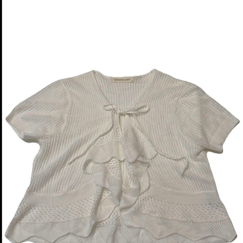 TIFFANY & GREY White Knit Ruffle Tie Short Sleeve Blouse L